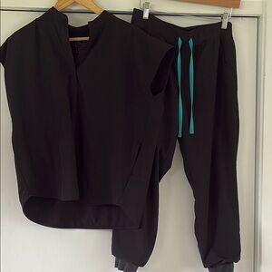 Figs Black Track Pants with Teal Drawstring